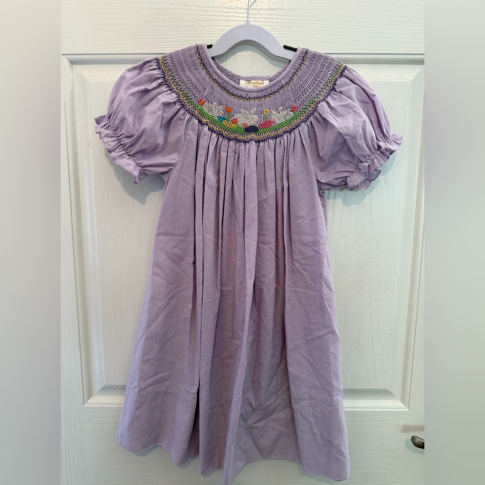 Smocked Bunny Eggs Lavender Kids Dress with Puff Sleeves - Perfect for Easter!